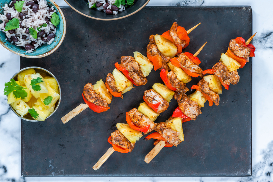 Spicy Bloody Mary with Jerk Chicken Skewers