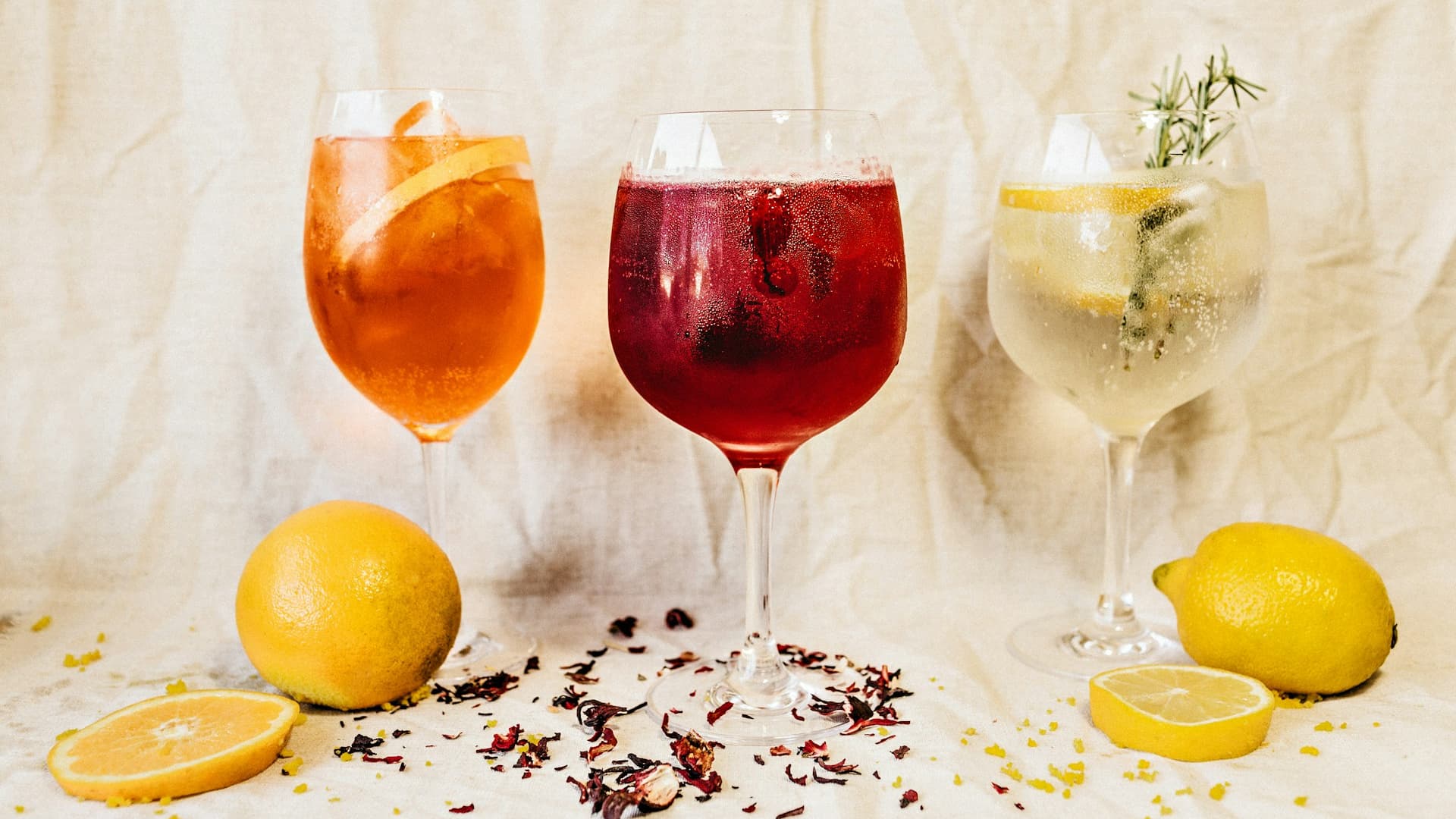 Three glasses with red, orange and clear drinks with ice and lemon slices in a white background