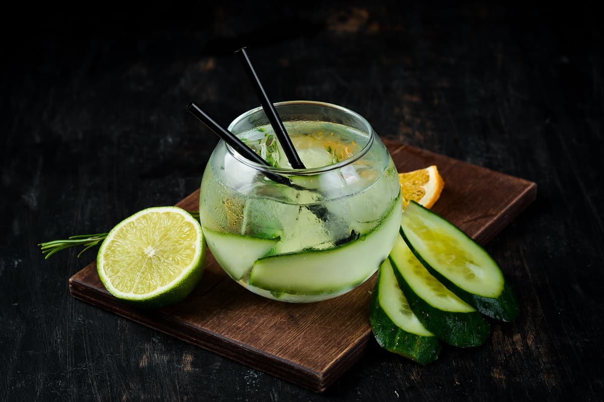 A gin cocktail with slices of freshly cut cucumber and a wedge of lime 